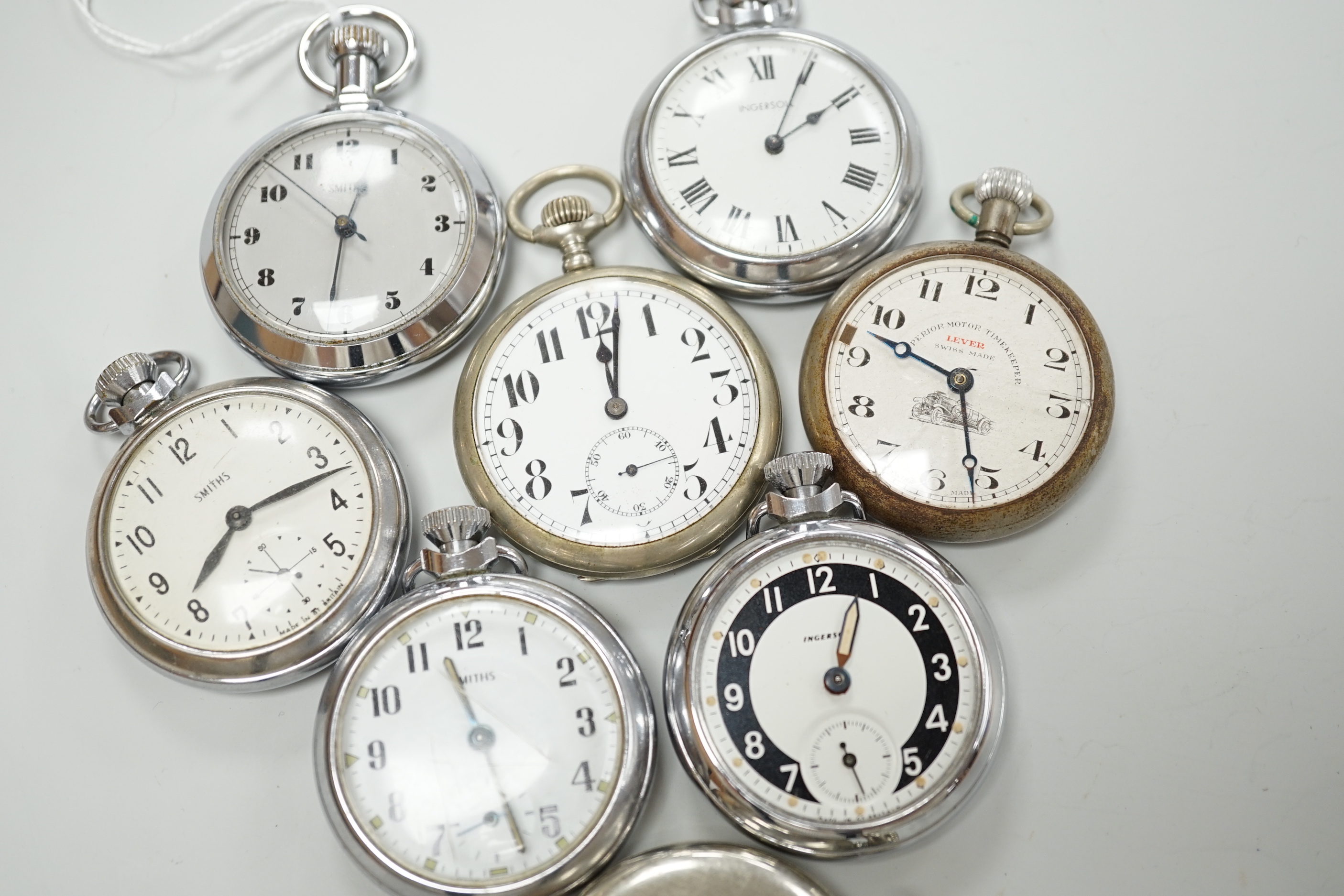 Eight assorted chrome or nickel cased pocket watches, including three Smiths, two Ingersoll, one Record and two others.